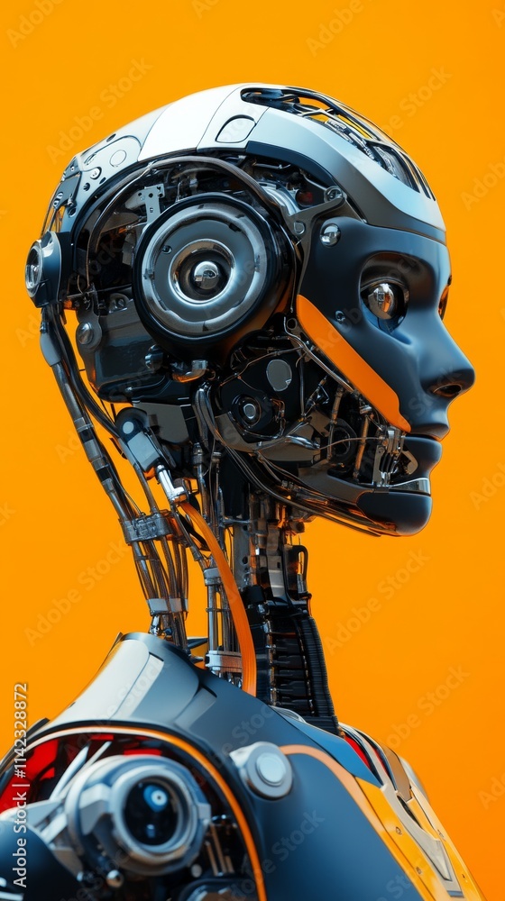 Poster futuristic robot showing complex internal mechanics on orange background