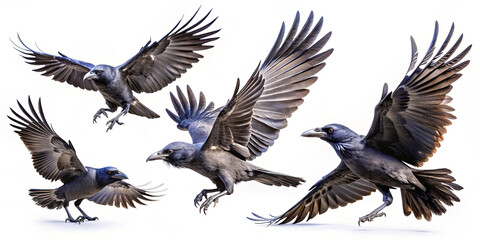 Obraz premium Multiple crows are captured mid-flight, displaying their wings and agility against a light background. Their glossy feathers shine as they soar gracefully, showcasing their acrobatic skills