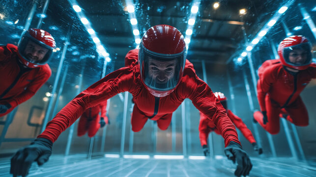 A man in a red suit is flying through the air
