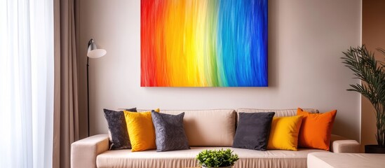 Cozy living room with plush couch and vibrant rainbow painting perfect for modern interior design inspiration and color accents