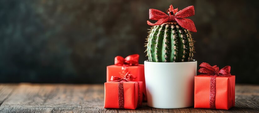 Cactus in white pot with decorative bow next to red gift boxes ideal for festive home decor and holiday celebrations