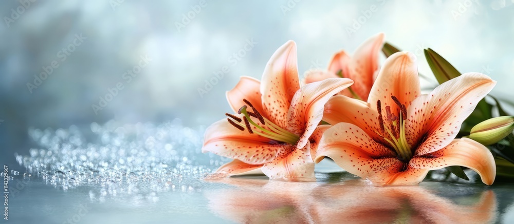 Aufkleber pink lilies delicately resting on a soft surface with a serene blue backdrop creating a tranquil flo