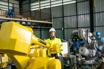 Engineer Oversees Robotic Machinery Operations in a Modern Industrial Facility