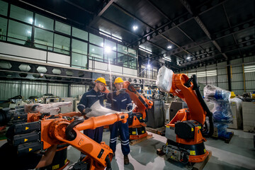 Engineers collaborating with robotic arms in a modern manufacturing facility