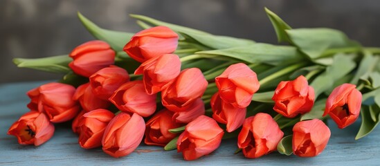 Spring bouquet of vibrant red tulips arranged on a blue wooden surface with ample copy space for text or design elements