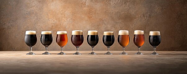 A lineup of various beer glasses showcasing different styles and colors, emphasizing the diversity of beer types.