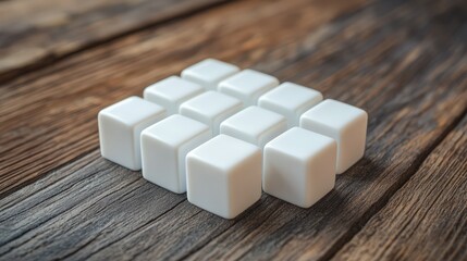 Minimalist white game cubes arranged on a rustic wooden table creating a cozy atmosphere for board gaming enthusiasts and tabletop lovers.