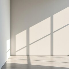 Fototapeta premium Minimalist empty room with soft sunlight and geometric window shadows on clean white walls