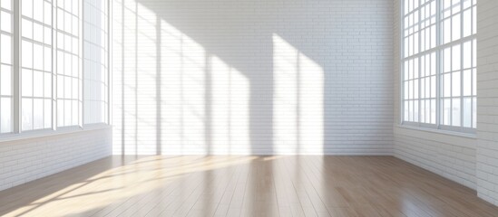 Obraz premium Bright and spacious room with white brick walls and warm wood flooring perfect for contemporary interior design inspiration