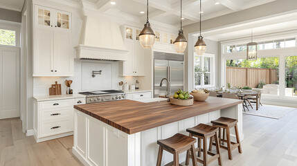A kitchen with a wooden island and a large window. The kitchen is clean and well-lit, with a modern design. Scene is warm and inviting