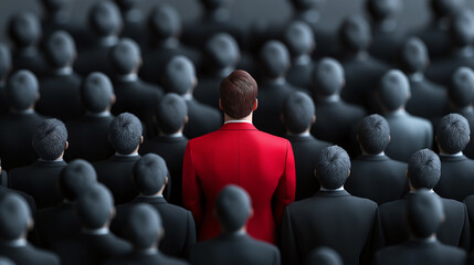 Fototapeta premium man in red suit stands out among crowd of people in black suits, symbolizing individuality and uniqueness in uniform setting