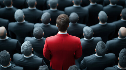 Fototapeta premium man in red suit stands out among crowd of men in black suits, symbolizing individuality and confidence. contrast highlights uniqueness of individual