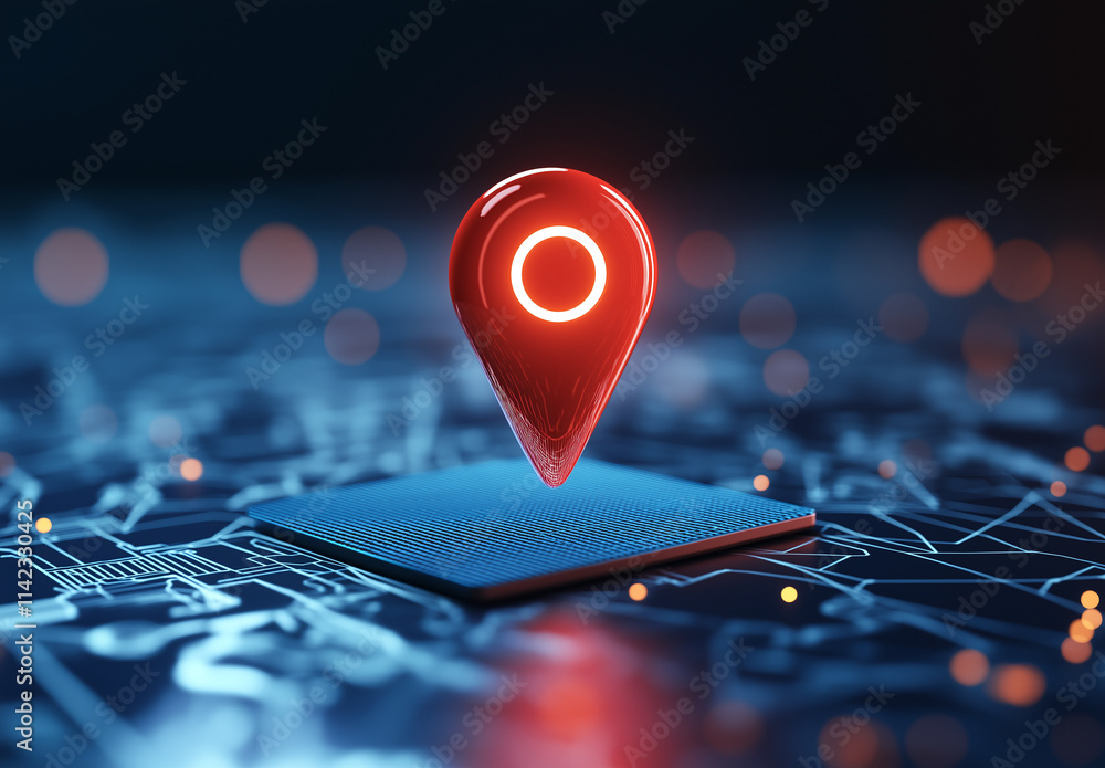 Poster vibrant red location icon stands out against digital map background, symbolizing navigation and conn
