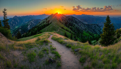 Obraz premium Majestic sunset over a mountain range, scenic hiking trail leading to the peak. Breathtaking panoramic view.