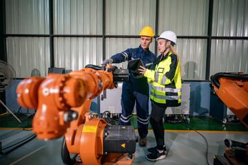 Workers Collaborating With Industrial Robot in a Manufacturing Facility While Wearing Safety Gear