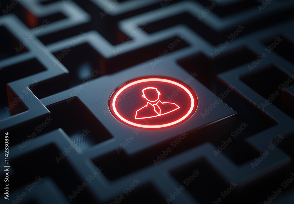 Poster glowing icon of person in maze, symbolizing navigation and guidance. red light contrasts with dark b