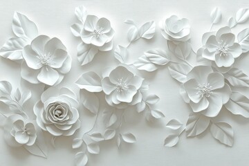 Fototapeta premium Elegant white paper flowers and leaves arranged on a white background.