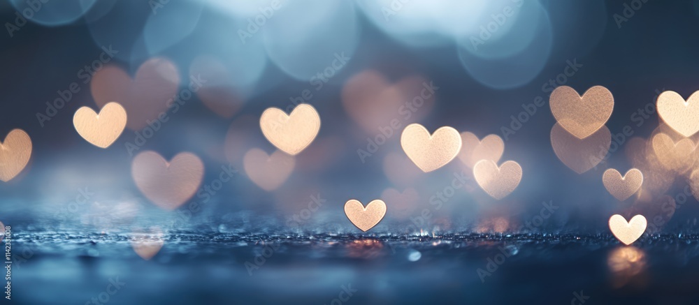 Poster bokeh heart shapes glowing softly on a blue gray background creating a romantic and dreamy atmospher