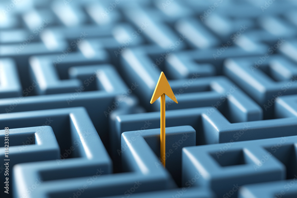 Poster yellow arrow stands out in blue maze, symbolizing direction and guidance. this represents problem so