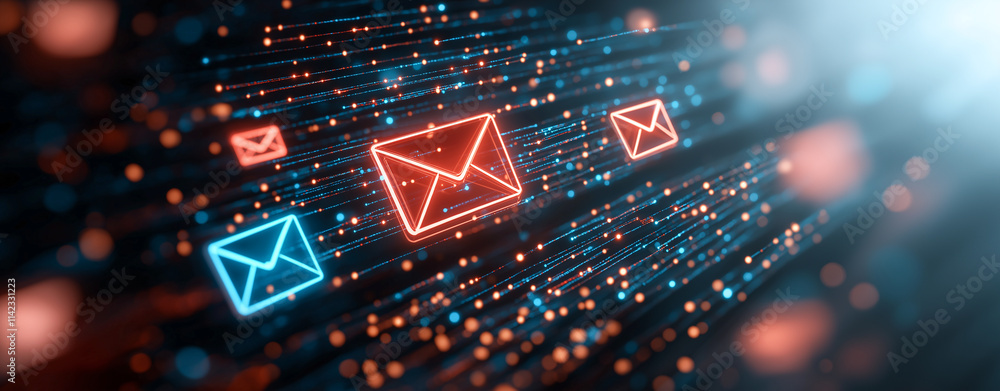 Poster digital background featuring glowing email icons in blue and red colors, symbolizing communication a