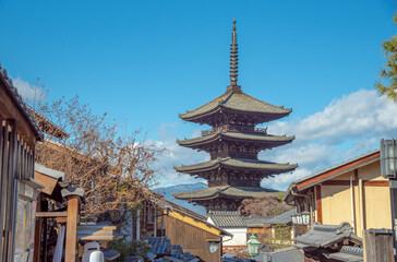 Naklejka premium Gion,The district was built to accommodate the needs of travellers and visitors to the shrine.It eventually evolved to become one of the most exclusive and well-known geisha districts in all of Japan