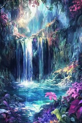 Fototapeta premium Lush jungle waterfall cascades into vibrant pool.