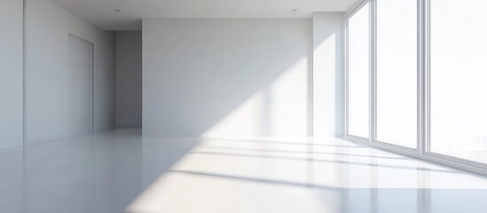 Fototapeta premium Modern minimalist empty room with large windows ideal for showcasing interior design potential and creative living space solutions