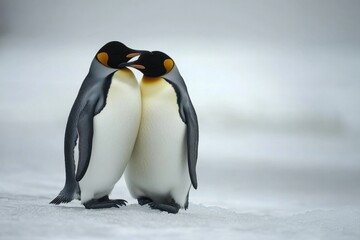 Penguins huddling together on an ice shore. 