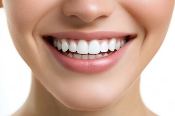 Obraz premium A bright, natural smile highlighting teeth whitening results under studio lighting. Before after.
