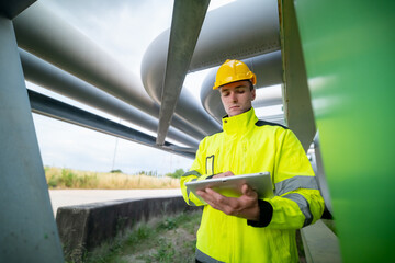 Worker Inspects Pipeline Infrastructure While Using Tablet in Bright Safety Gear at Industrial Site...