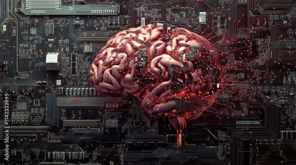 Poster artificial intelligence brain connecting to motherboard, neural network and ai concept