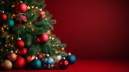 A beautifully decorated Christmas tree with colorful ornaments and twinkling lights against a rich red background.