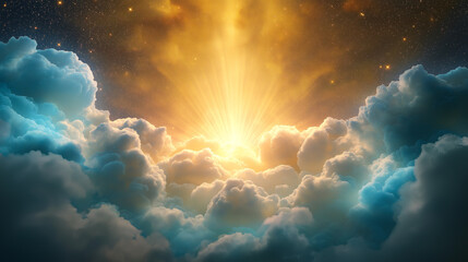 Fototapeta premium stunning celestial scene featuring vibrant clouds illuminated by golden rays of sunlight, creating serene and uplifting atmosphere