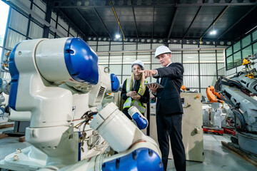 Discussion of robotic systems at an industrial facility during the day