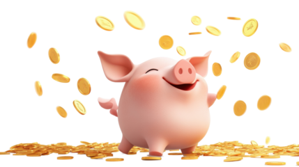 Coins flying over a piggy bank, transparent background