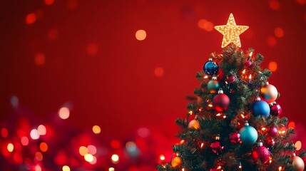 Fototapeta premium A festive Christmas tree adorned with colorful ornaments and topped with a glowing star, set against a vibrant red background filled with bokeh lights.