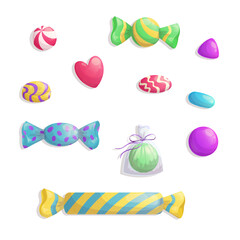 A set of lollipops of different shapes. The concept of sweet dishes, desserts and confectionery. Vector illustration on a white background for a poster, banner, postcard, advertisement.