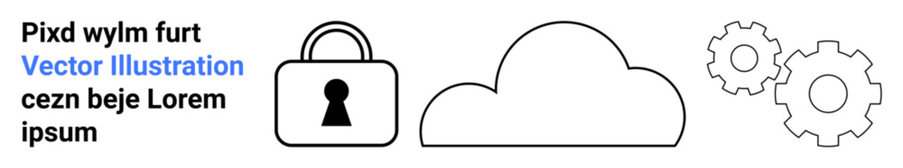Lock and cloud icons next to gear icons. Text placeholder with dummy text on the left. Ideal for security, cloud computing, data storage, technology, IT services, system settings networking. Landing