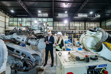 Business Professionals Observe Robotic Technology in an Industrial Facility During a Workplace Tour