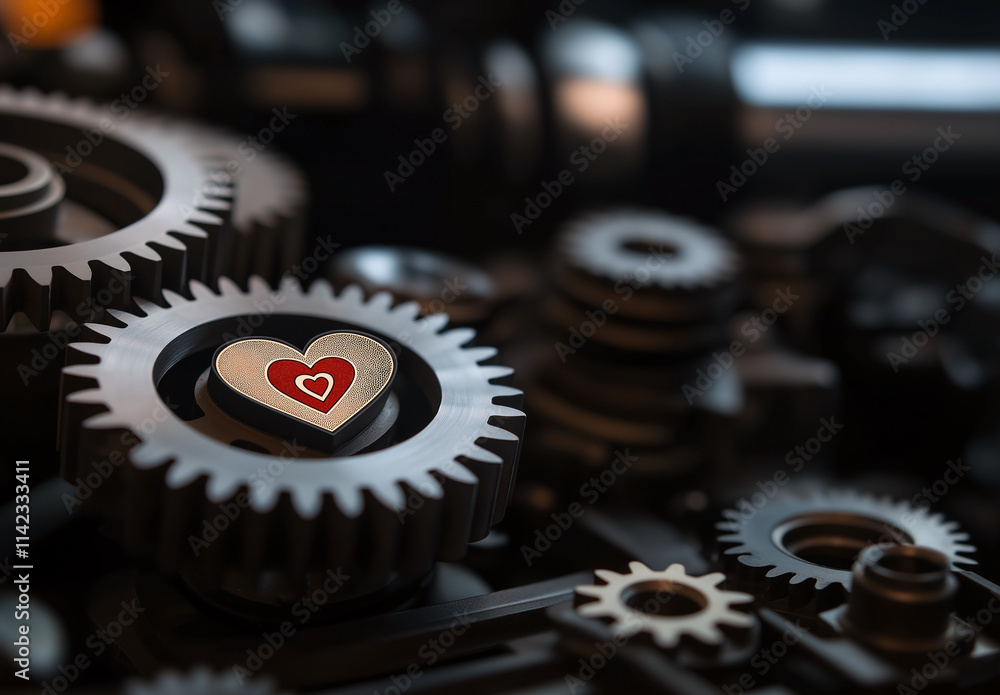 Poster close up of gears and cogs with heart symbol, representing love and connection in machinery. intrica