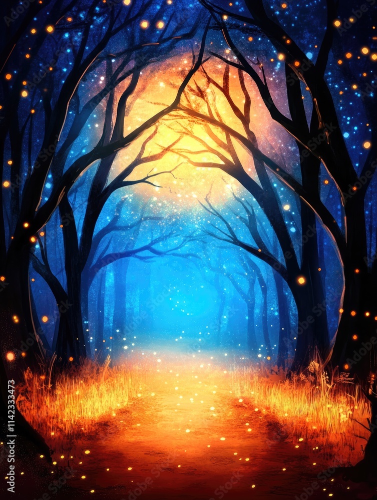 Wall mural enchanted forest path illuminated with glowing golden and blue light, creating a mystical and vibran