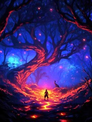 Fototapeta premium magical forest with glowing purple and red hues, twisted trees, and a lone figure, creating a vibrant and fantasy-inspired atmosphere for posters..