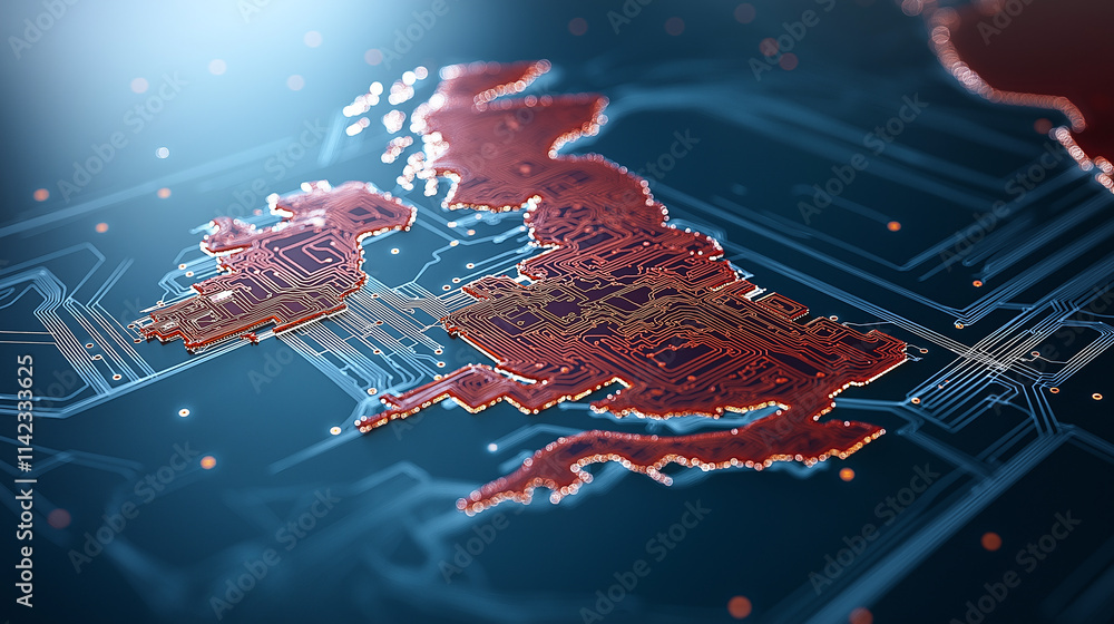 Poster circuit board design resembling map of united kingdom, showcasing intricate patterns and connections