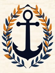 naval illustration of a bold navy black anchor surrounded by orange and blue laurel wreaths on a light textured background, symbolizing tradition and strength..