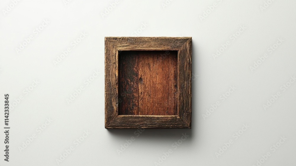 Poster empty rustic wooden frame on a smooth light background for art display or decoration