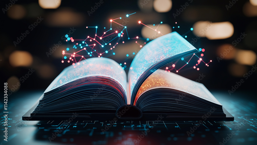 Poster open book with glowing pages, surrounded by colorful data connections, symbolizes knowledge and tech