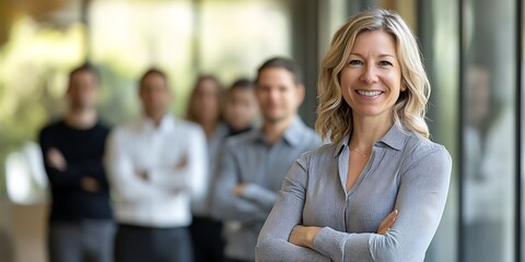 Canadian female project manager standing proudly in front of a team of employees