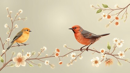 Two Birds Perched on Blooming Branches in Spring