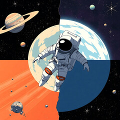 Fototapeta premium Astronaut floating in the center with different parts of the universe, illustration