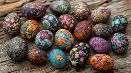 Colorful Hand-Painted Easter Eggs on Rustic Wooden Surface Artistic Display